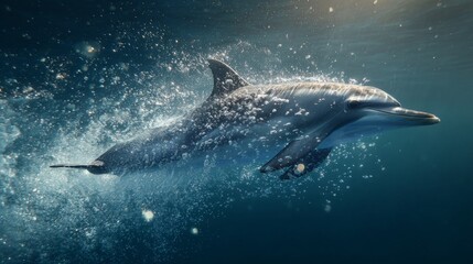 Fototapeta premium Majestic Dolphin Swimming Gracefully in Tranquil Ocean Waters Surrounded by Bubbles and Sunlight Rays