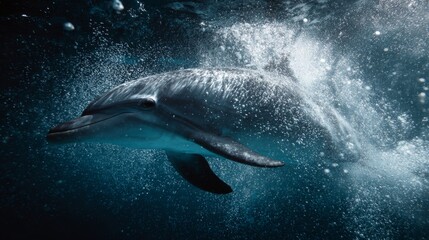 Fototapeta premium Graceful Dolphin Swimming in Clear Ocean Water Surrounded by Bubbles and Sunlight Rays Below the Surface