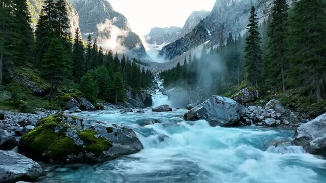 Turquoise glacial river cascading down the mountainside surrounded by lush evergreen trees with fog
