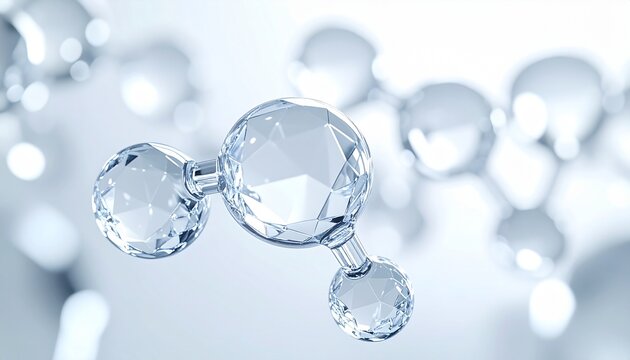 クリアホワイトのガラスのような分子モデルが美容液の浸透と保湿を描く高精細スキンケアイメージ ジェネレーティブAI