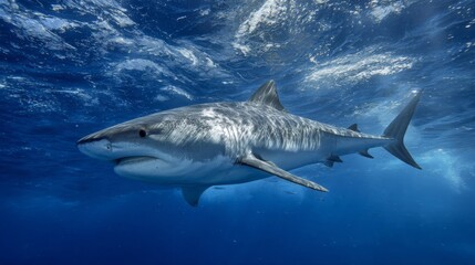 Fototapeta premium Majestic Shark Swimming Gracefully Underwater in Clear Blue Ocean Water
