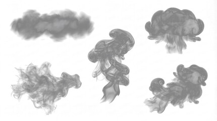 Abstract dark grey smoke and cloud shapes isolated on transparent background, perfect for digital overlay. © Jodie
