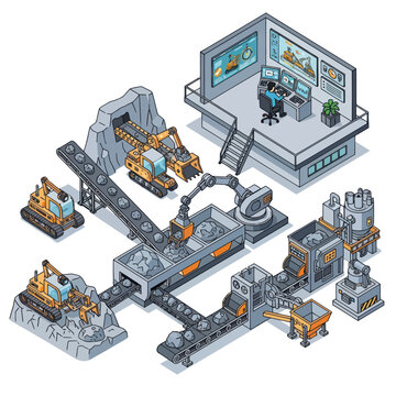 Isometric Mining Operation with Conveyor Belts and Control Room.