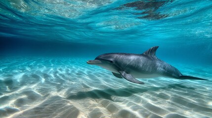 Fototapeta premium Playful Dolphin Swimming Gracefully Under Crystal Clear Ocean Surface with Beautiful Light Reflections and Vibrant Aquatic Environment