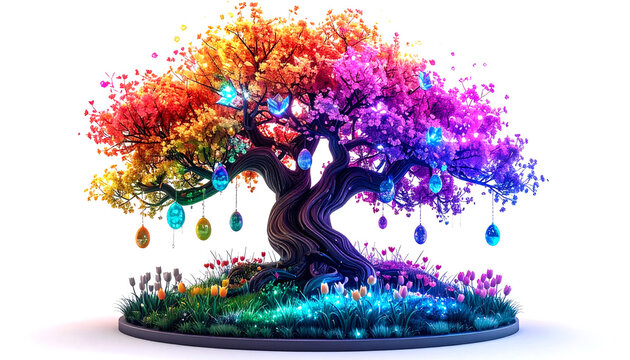 Whimsical glowing rainbow tree with vibrant flowers