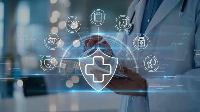 Medical professional working on tablet with glowing shield icon, showing a connected ecosystem of healthcare services including treatment, medicine and check-up