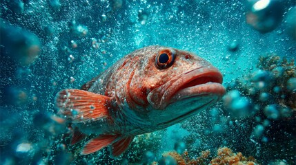 Fototapeta premium Vibrant underwater scene with large fish swimming in a clear ocean surrounded by bubbles and coral formations