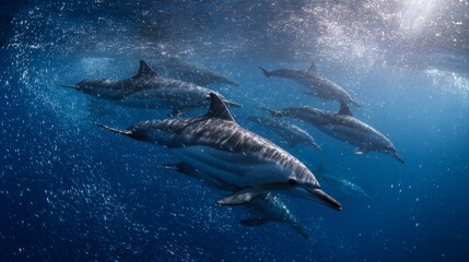 Fototapeta premium Underwater Scene of Dolphins Swimming Gracefully in Clear Blue Ocean Water with Air Bubbles and Sunlight Beaming Through
