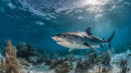 Fototapeta premium Majestic shark gliding through clear blue ocean waters illuminated by sun rays and surrounded by vibrant coral reef ecosystem