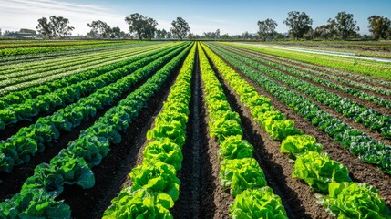 Obraz premium Lush Green Lettuce Rows Under Bright Blue Sky in Expansive Agricultural Field