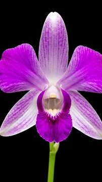 Time lapse of purple dendrobium orchid flower blooming isolated on black background tropical flora. 4k Resolution Video. Vertical Video 30FPS.