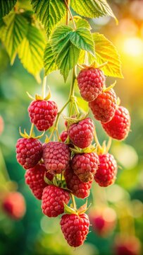 A photo of a vibrant cluster of bright red raspberries hanging from a thick stem on a lush green vine in a sunny garden The berries are plump and jui