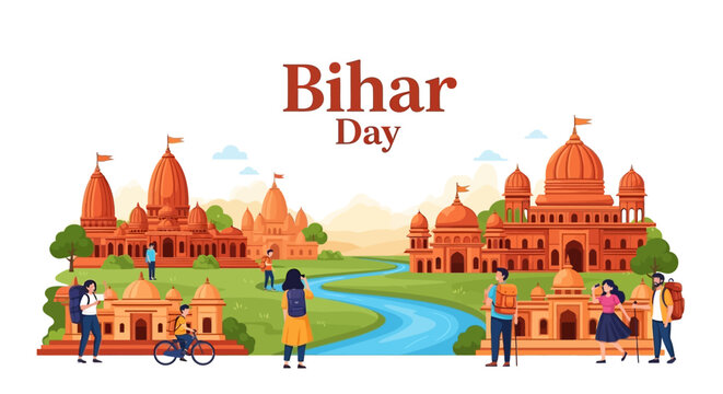 Illustration of Bihar Day celebration with people, temples, and a river in a vibrant Indian landscape with cultural and traditional elements.