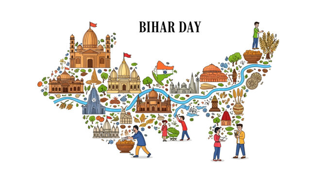 Illustration of Bihar Day celebration with various cultural and historical elements of India in a vector design.