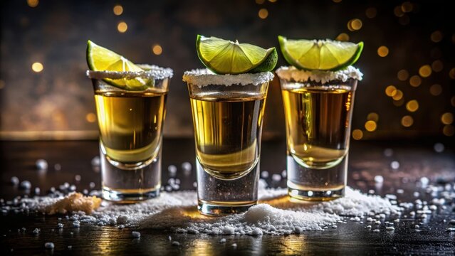 A realistic photo of Three tequila shots with salted rims
