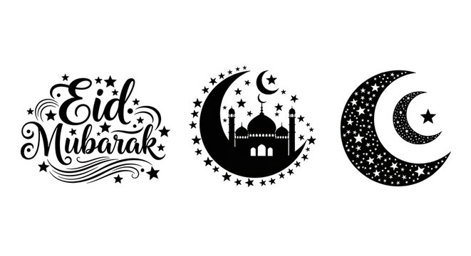Set of black and white vector illustrations featuring eid mubarak calligraphy mosque silhouette and crescent moon for islamic holiday celebration designs
