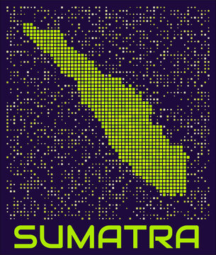 Sumatra dots map. Indonesia. Digital style shape of the island. Sumatra map and title lime colored square dots with round corners. Classy Vector Illustration.