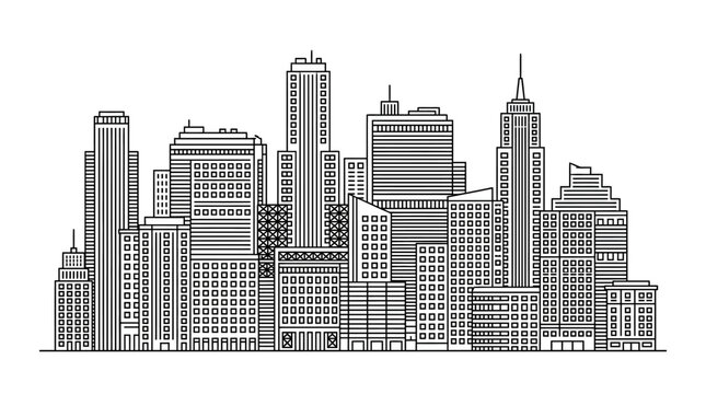 Abstract City Skyline with Various Modern Buildings and Highrises Line Art on Isolated White Background