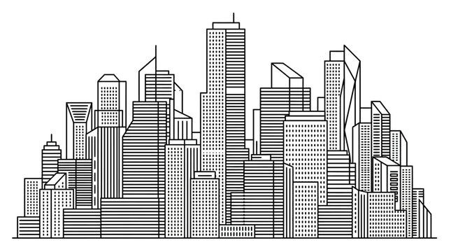 Wide City Skyline View with Modern Buildings and Urban Landscape Line Art on Isolated White Background