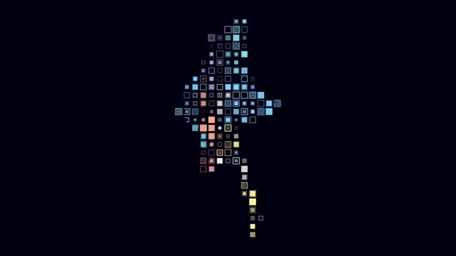 Myanmar animated country shape. Pulsating colored dots on the map of the country. Large size square blocks. Digital style Myanmar map on dark background. Beautiful animation video.