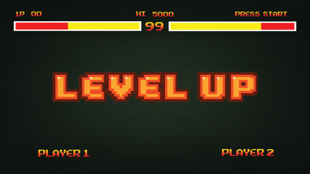 Pixel art game level up background.Video game level up background. Retro 8 bit video game interface with You Win text, computer game level up background.	