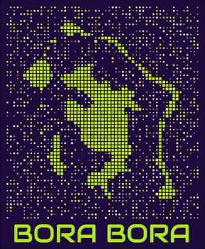 Bora Bora dots map. French Polynesia. Digital style shape of the island. Map and title lime colored square dots with round corners. Modern Vector Illustration.