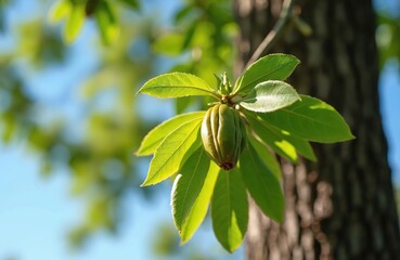 Naklejka premium Pecan tree branch with green young nut and vibrant leaves. Close-up view of tree trunk and soft blue sky background. Part of plant growth cycle detail.