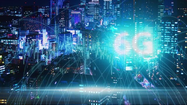 未来の通信ネットワークを表現した都市の夜景とデータフロー