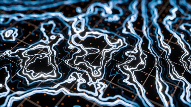 Abstract digital topographic map with glowing blue contour lines on a dark grid background, representing data visualization and geographic information