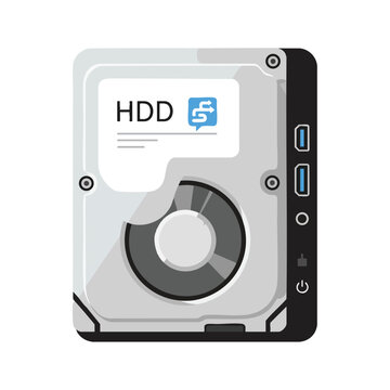 Detailed illustration of a silver hard disk drive with ports and a power icon