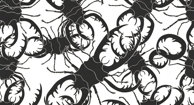 Seamless Pattern of Black Stag Beetles on White Background.