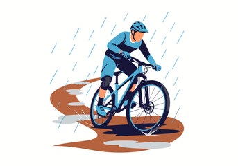 Obraz premium Cyclist navigating puddles on mountain bike trail in rainy weather