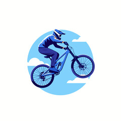 Action silhouette of mountain biker jumping against blue sky