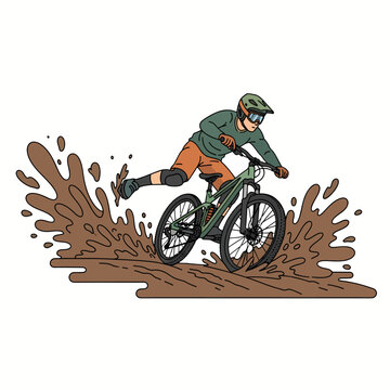 Line art illustration of mtb cyclist jumping through mud puddle