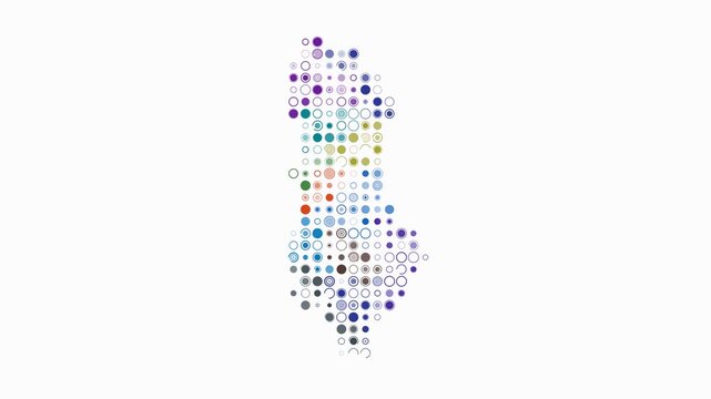 Albania dotted animation. Shape of the country build of pulsating colored dots. Large size circle blocks. Digital style map on white background. Plain video.
