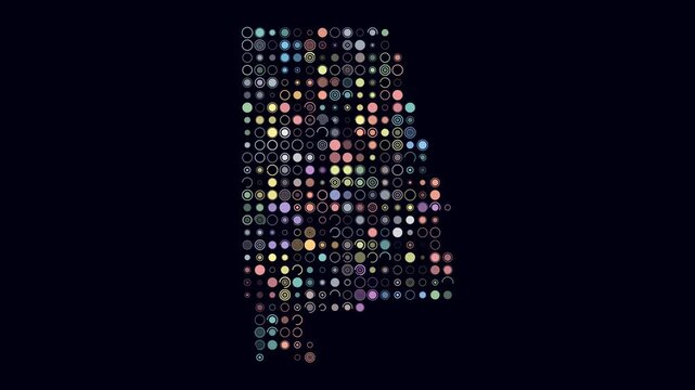 Alabama animated shape. Pulsating colored dots on the map of the state. Large size circle blocks. Digital style Alabama map on dark background. Simple animation video.
