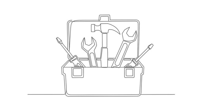 Minimalist one line drawing of open toolbox with essential tools