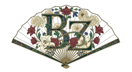 Art Nouveau hand fan with stylized floral BZ initials © Ika