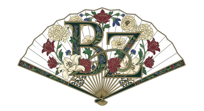 Art Nouveau hand fan with stylized floral BZ initials