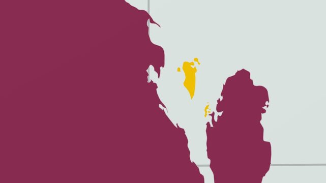 Bahrain map. Animated zoom into the country on the Globe in Pale Mint Dark Pink color palette. Country logo animation with round text and airplanes. Map with meridians, parallels. Captivating video.