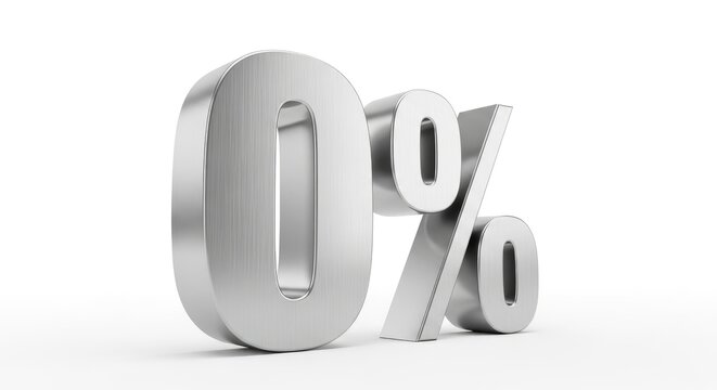Three silver, metallic numerals representing zero percent are displayed against a white background. The numerals are angled and slightly overlapping, creating a dynamic and modern visual.