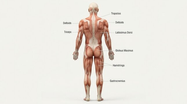 An anatomical illustration depicts the posterior view of a human torso, highlighting various muscle groups.