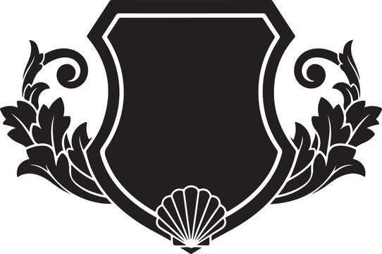 Elegant black and white vintage shield vector with ornate floral scrolls and seashell emblem