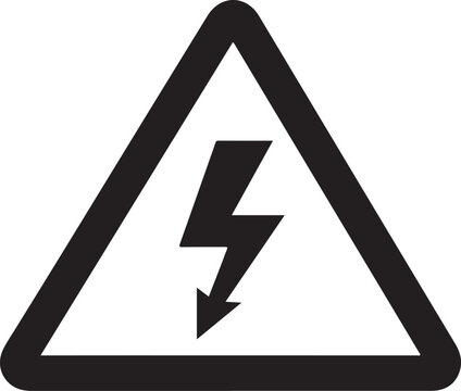 High voltage warning sign, black lightning bolt icon in triangle, electrical hazard safety symbol, industrial power alert vector