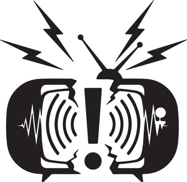 A symbolic illustration of a television shattering, featuring an exclamation mark, sound waves, and lightning bolts, representing breaking news or an urgent broadcast.