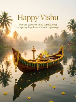 Traditional kerala boat decorated flowers on serene lake during happy vishu festival sunrise