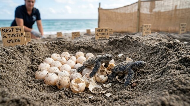 A conservationist monitors a sea turtle nest on a sandy beach. Numerous baby sea turtles are emerging from their shells and crawling towards the ocean.