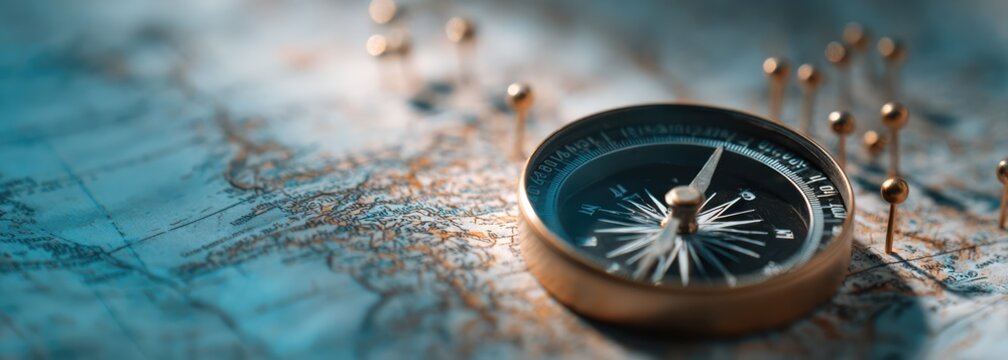 Vintage Compass and Pushpins on an Old World Map, Guiding Exploration and Discovery.