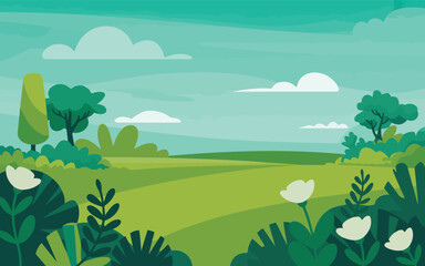 Naklejka premium A captivating illustration of a bright natural landscape with green fields, varied trees, and white flowers blooming