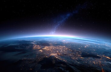 Naklejka premium Stunning View of Earth from Space with City Lights and Atmospheric Glow.